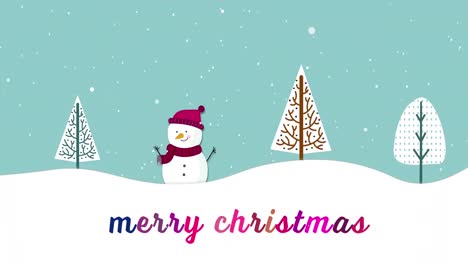 Animation-of-merry-christmas-text-over-snowman-and-winter-scenery