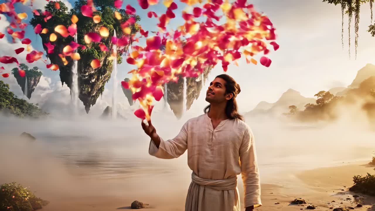 A serene man surrounded by floating flower petals in a fantasy landscape with floating islands and waterfalls