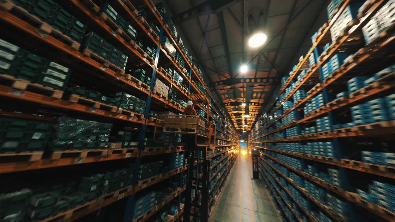 Expansive warehouse interior with high shelves stocked with pallets, creating a deep corridor effect.fpv drone shot