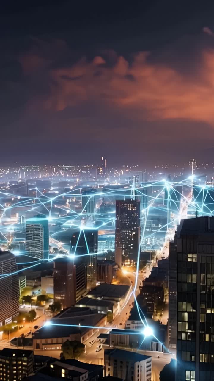 Uno splendido paesaggio urbano illuminato di notte, che mostra una rete di luci brillanti e connettività sopra i grattacieli contro un cielo drammatico.