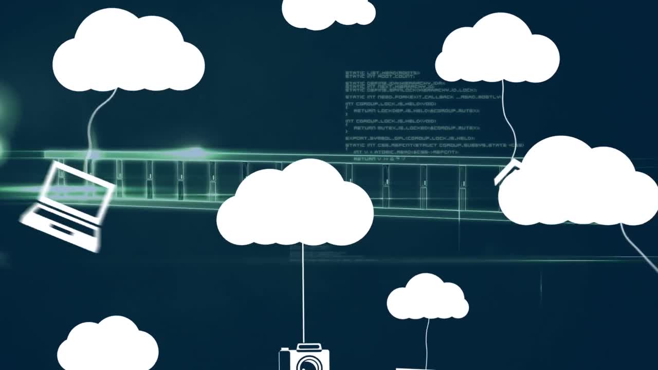 animación de iconos de nubes y procesamiento de datos sobre un fondo oscuro