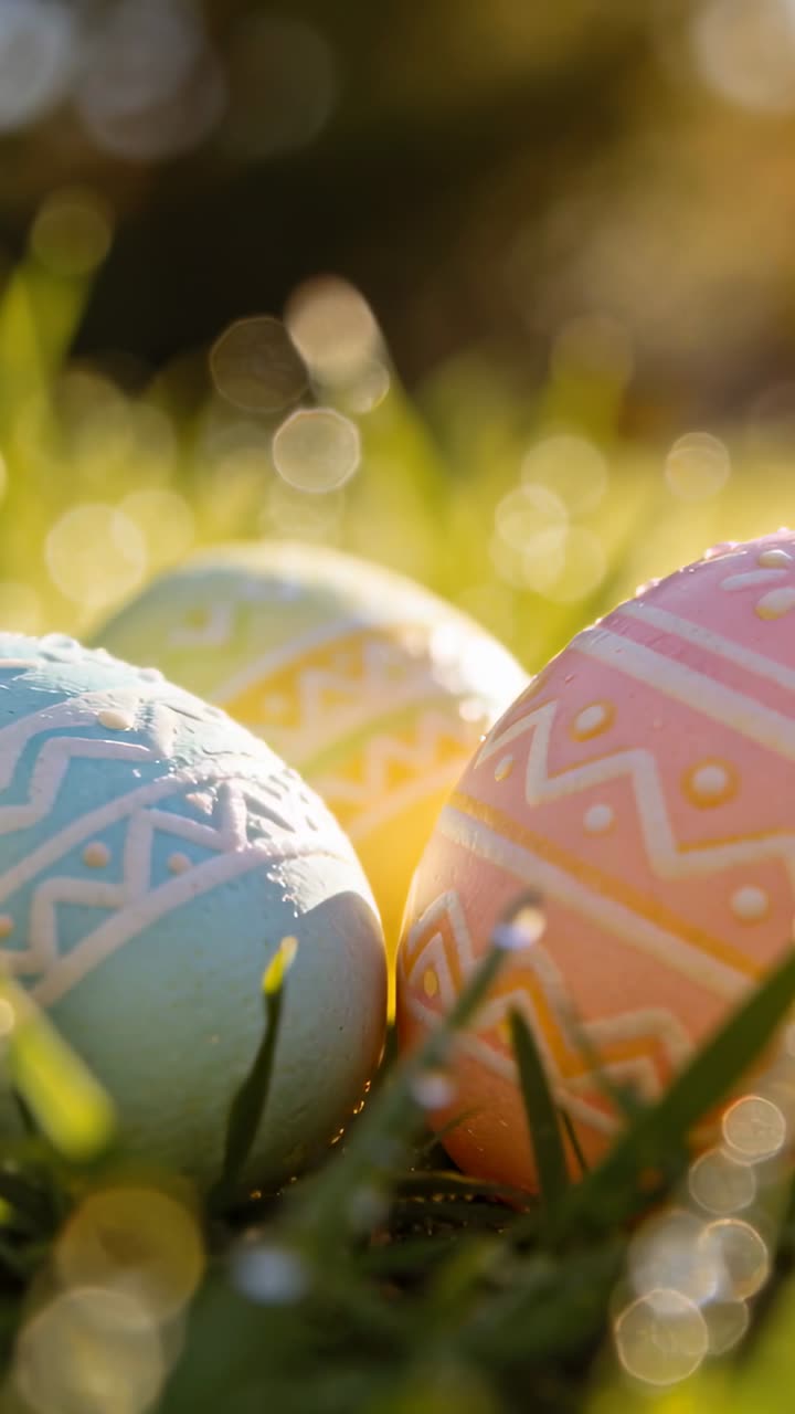 Camera shifting focus and sunlight backlighting three pastel eggs in grass, revealing patterns