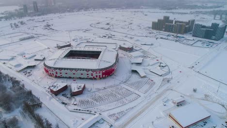 Aerial-view-of-a-freeway-intersection-on-snow-covered-Moscow