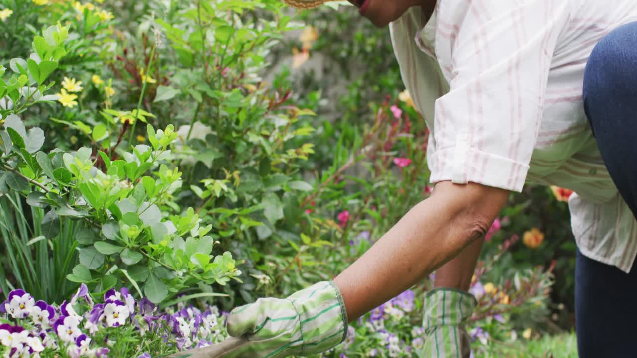 정원에 꽃을 심는 정원 장갑을 입은 아프리카계 미국인 여성의 초상화
