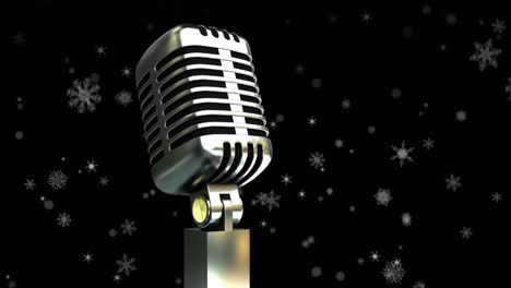 Animation-of-snow-falling-over-microphone-on-dark-background