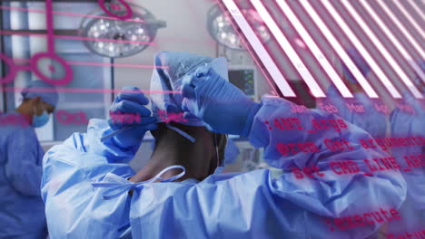animation of data processing and diagrams over diverse surgeons wearing face masks