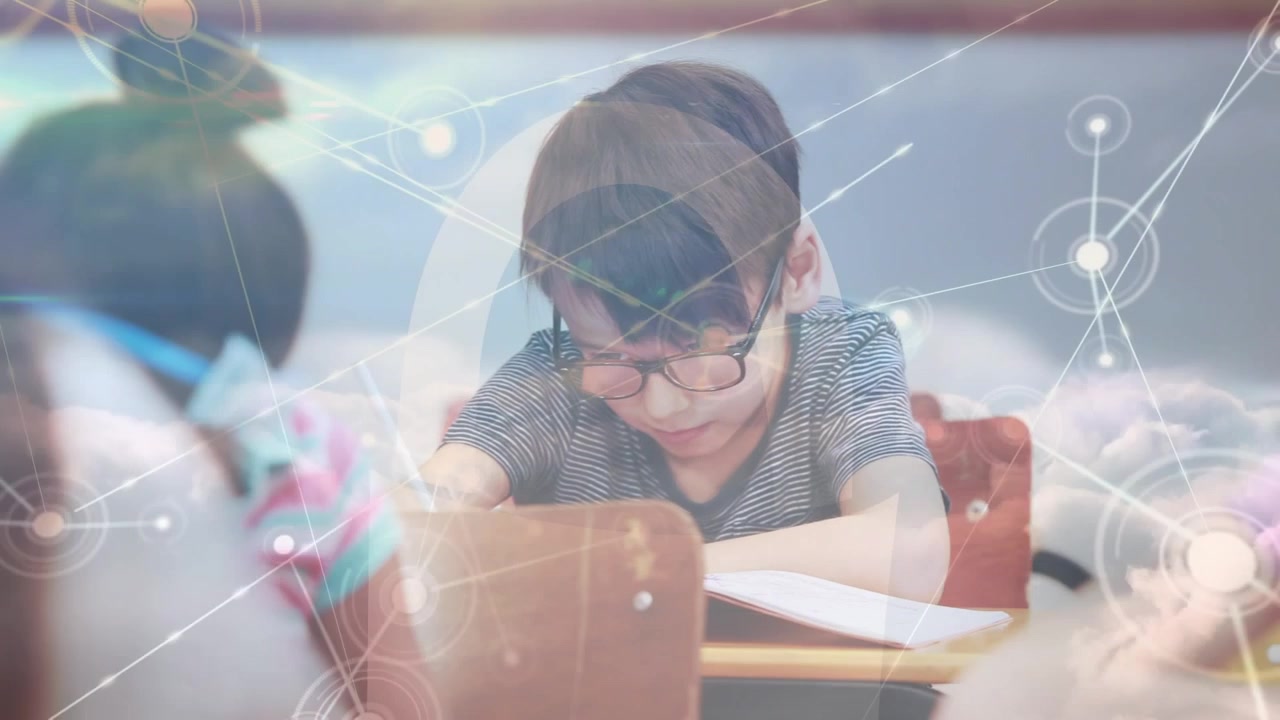 学童たちのつながりのネットワーク上に重ねられた、接続ネットワークのアニメーション。