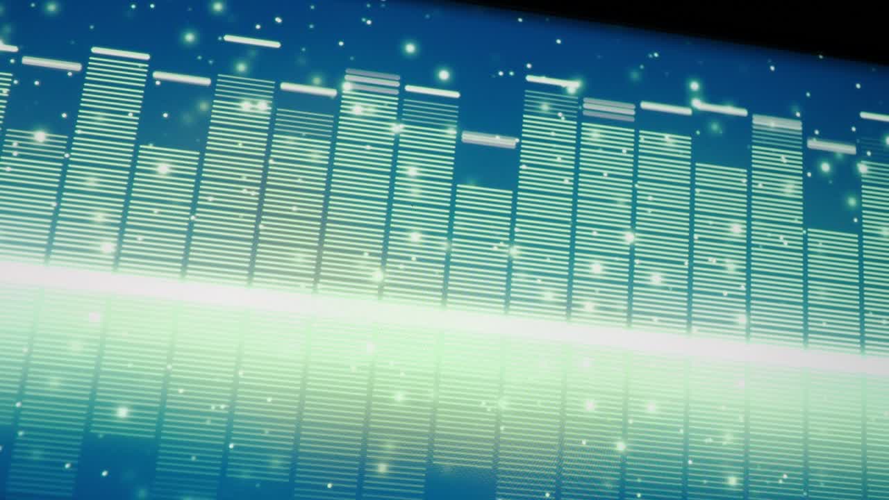 사운드 이라이저 - 디지털 음악 또는 사운드 웨이브 영상 - 블랙 루프 애니메이션의 오디오 웨이브 형태 이레이저 스케일 - 컬러 뮤직 이레이서 추상 - 그라디언트 스트럼 바 그래프 - 파동 반이는 스 댄싱