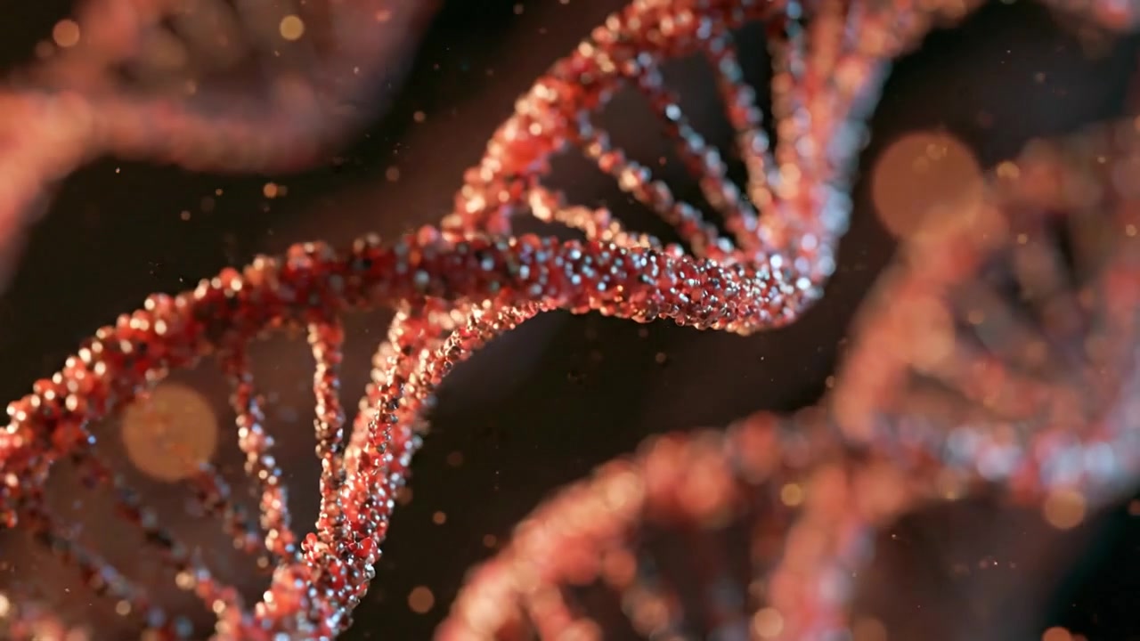 Orange DNA double helix rotating through a dark biological environment