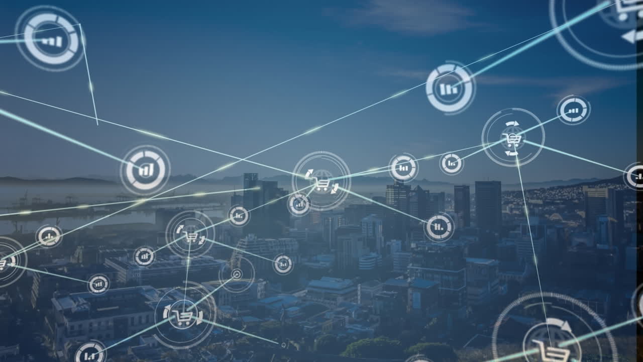 Animation of network of connections and data processing over cityscape
