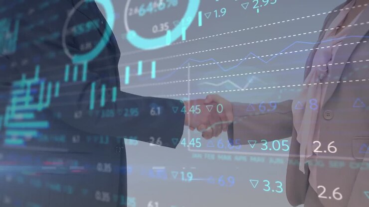 Animazione dell'elaborazione di dati finanziari su persone d'affari che si stringono la mano
