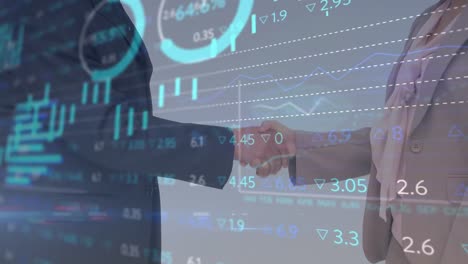 animation of financial data processing over business people shaking hands