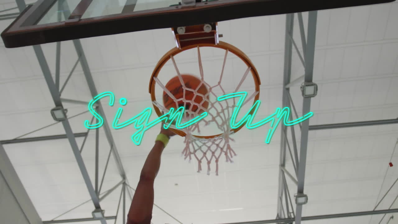 Sign Up text in green script overlaying basketball hoop animation in school gym