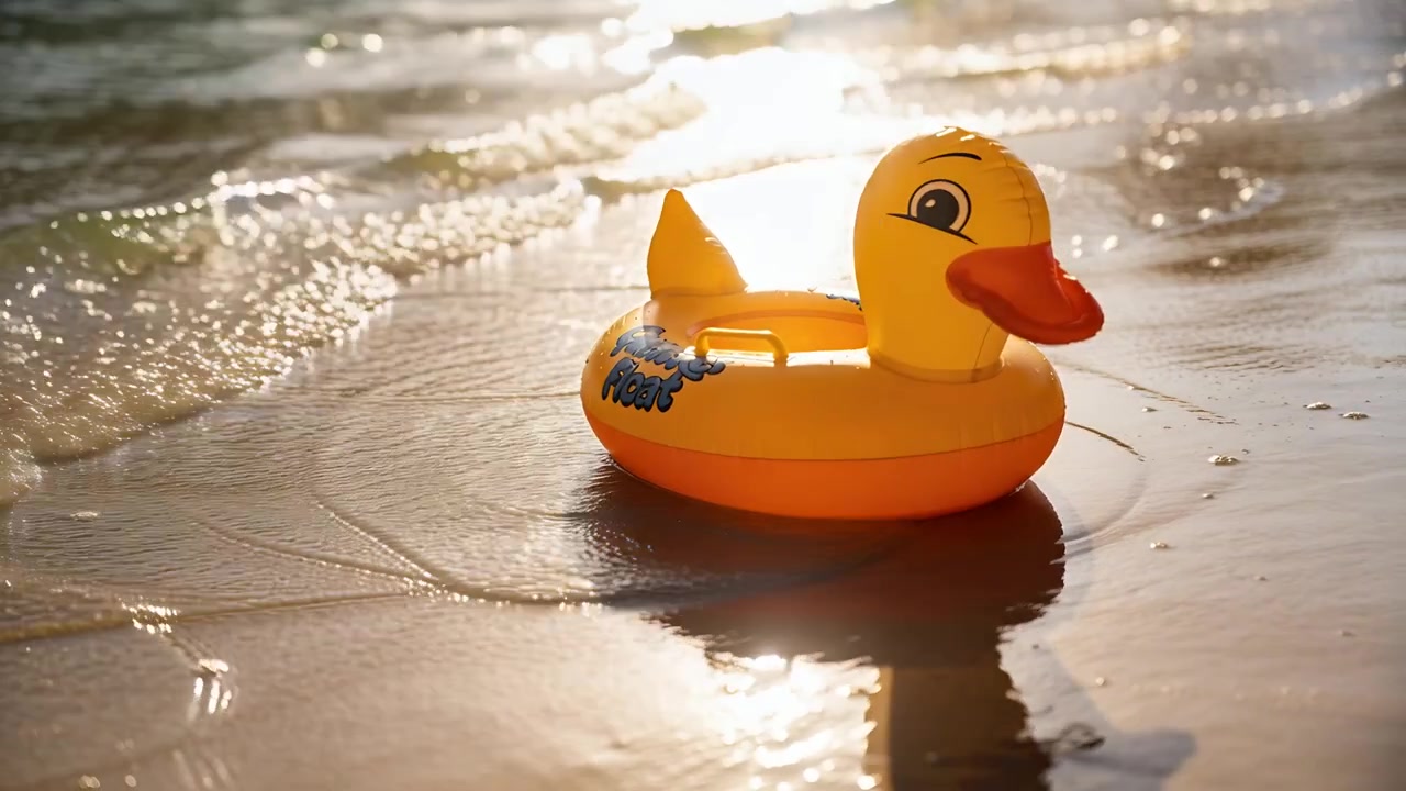 Boia de pato inflável amarela flutuando na areia molhada da orla, com as ondas recuando.