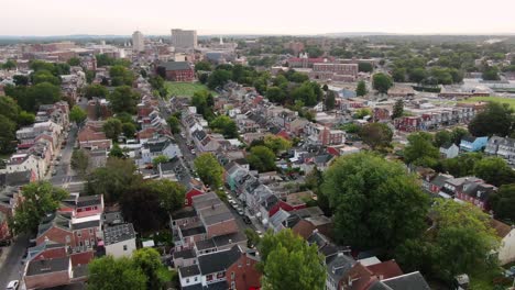 Aerial-establishing-shot-of-downtown-city-in-United-States-of-America