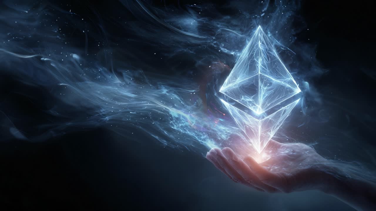 Mystical hand holding a glowing ethereum cryptocurrency logo. Surrounded by ethereal blue energy and particles. Representing the digital finance revolution. Blockchain technology. And future of money
