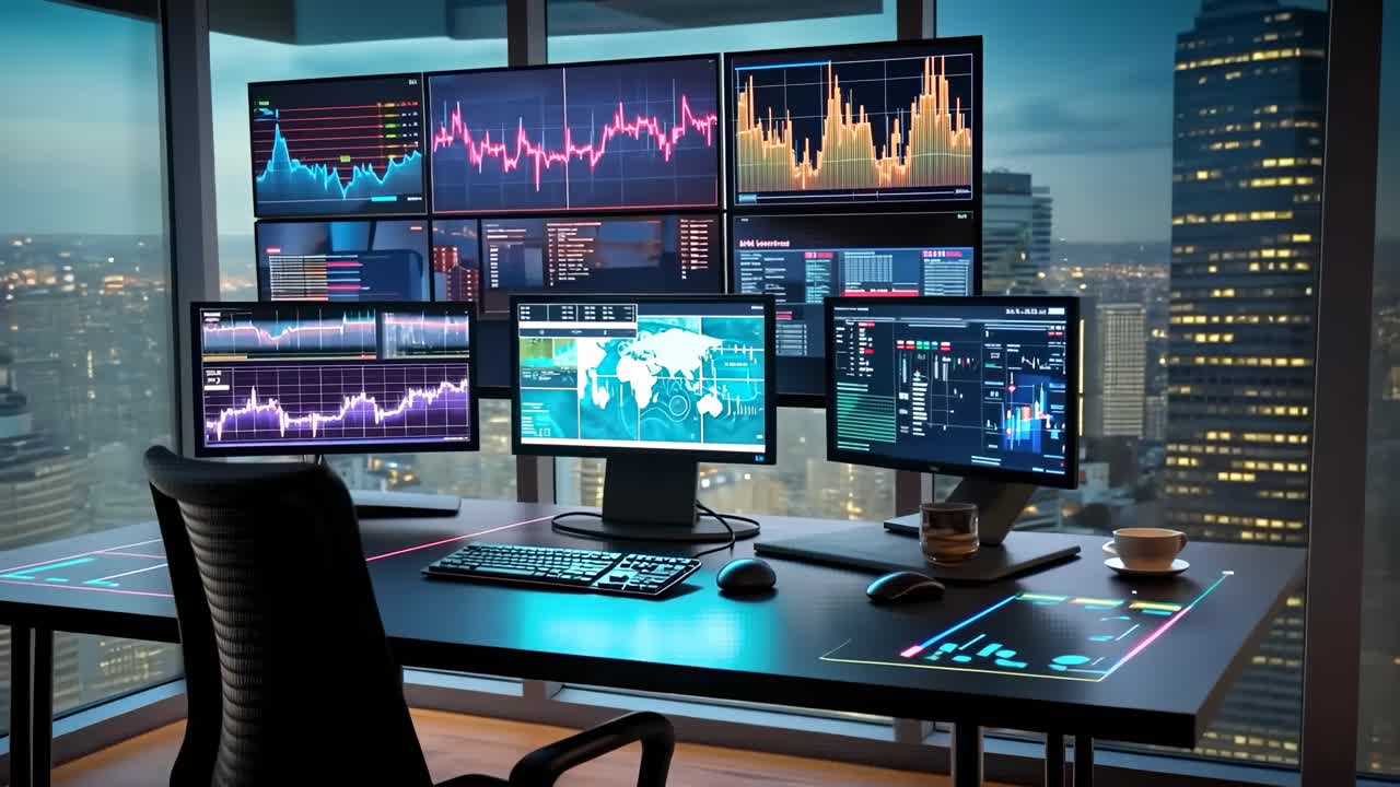 Visuale ad angolo elevato di una moderna postazione di trading con diversi schermi che mostrano dati finanziari e video