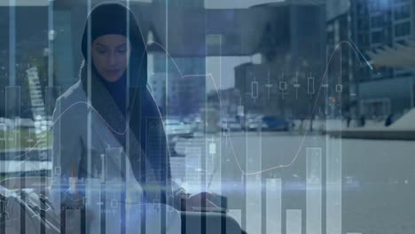 Animación-Del-Procesamiento-De-Datos-Financieros-Sobre-Una-Mujer-Birracial-Con-Hijab-Usando-Un-Teléfono-Inteligente-En-La-Ciudad