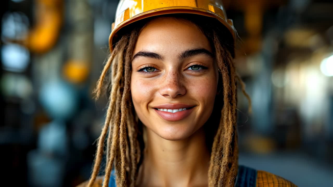 Female engineer with dreadlocks in industrial workshop setting. Frontal portrait of woman wearing yellow hard hat and denim overalls in a blurred factory interior