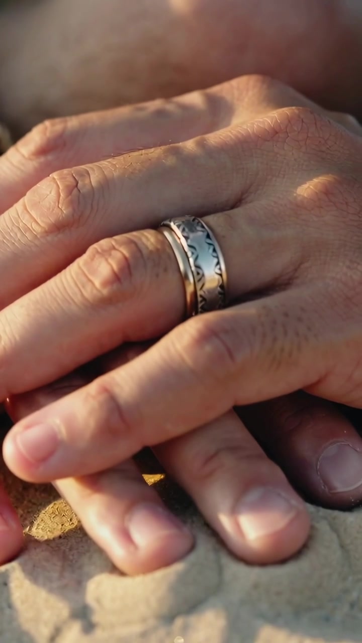 Video verticale: Una mano che si posa delicatamente sull'altra in spiaggia, anello decorato che scintilla, mostrando affetto