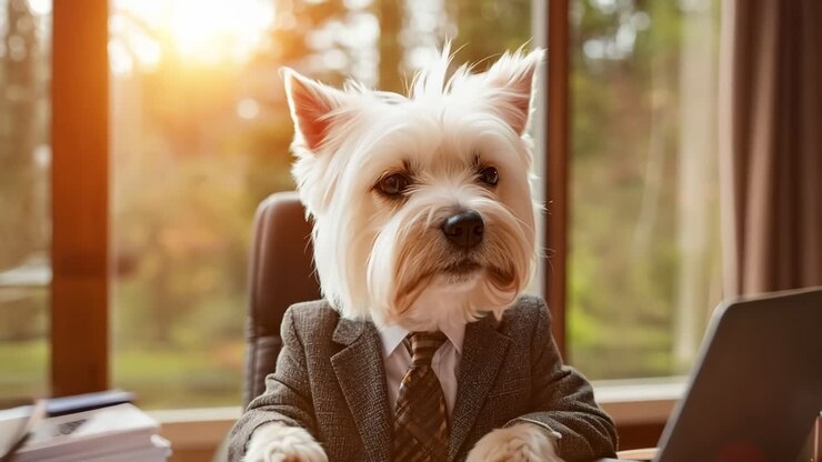 A dog in a suit sitting at a desk with a laptop