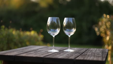 two empty wine glasses on a wooden table outdoors