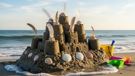 a magnificent sandcastle adorned with feathers and seashells, captured in beautiful light by the shoreline, showcasing the creativeness of beach artistry