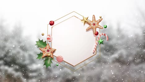 Animation-of-snow-falling-over-christmas-decorations-around-white-hexagonal-sign-on-winter-landscape