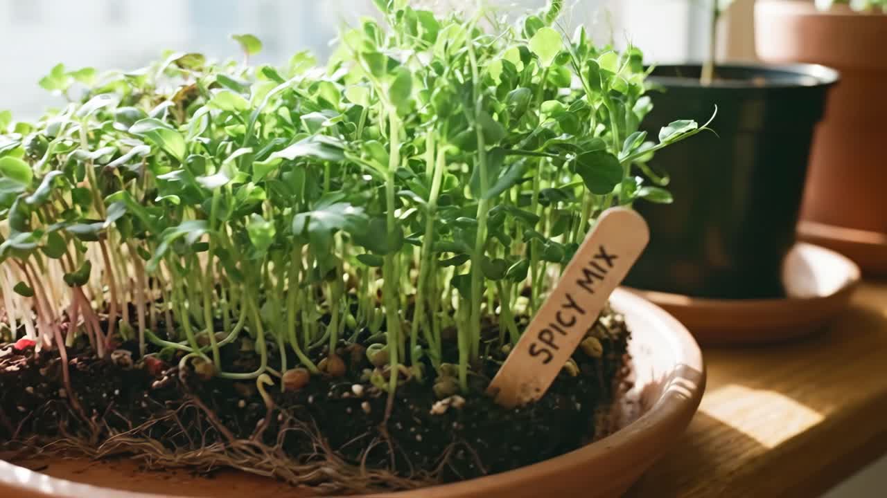 Nahaufnahme von frischen Mikrogrüns, die in einem Terrakottatopf auf einer Fensterbank wachsen