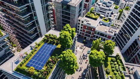 sustainable urban development with green roofs and solar panels