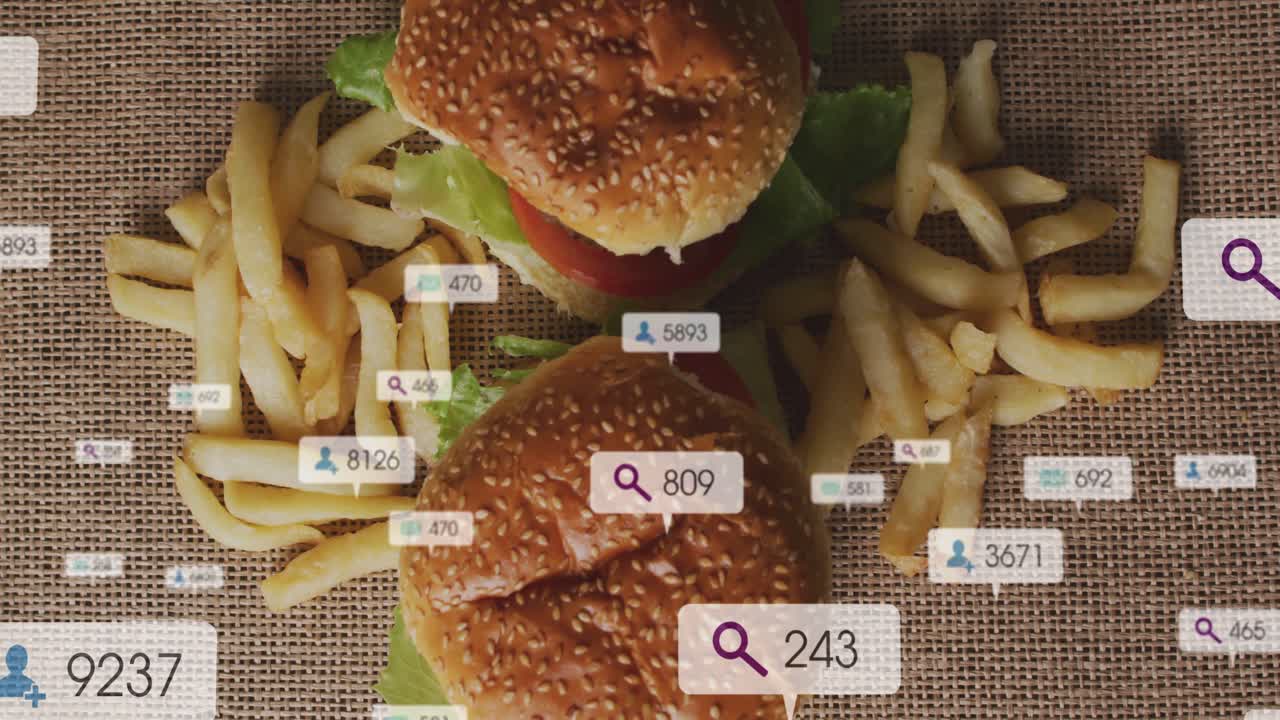 First metric badge appearing over two sesame burgers and fries, badges growing to show like counts