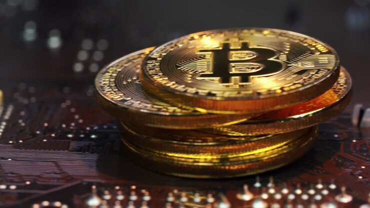 Primo piano di monete di criptovaluta Bitcoin