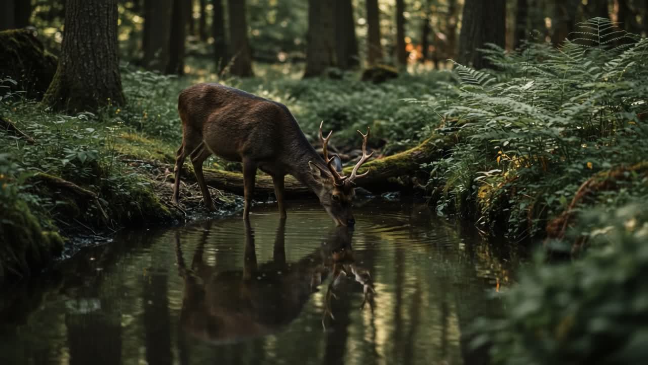 A Majestic Stag Grazes by the Tranquil Stream in a Lush Forest, Reflecting Nature's Serenity and Beauty in Captivating Harmony