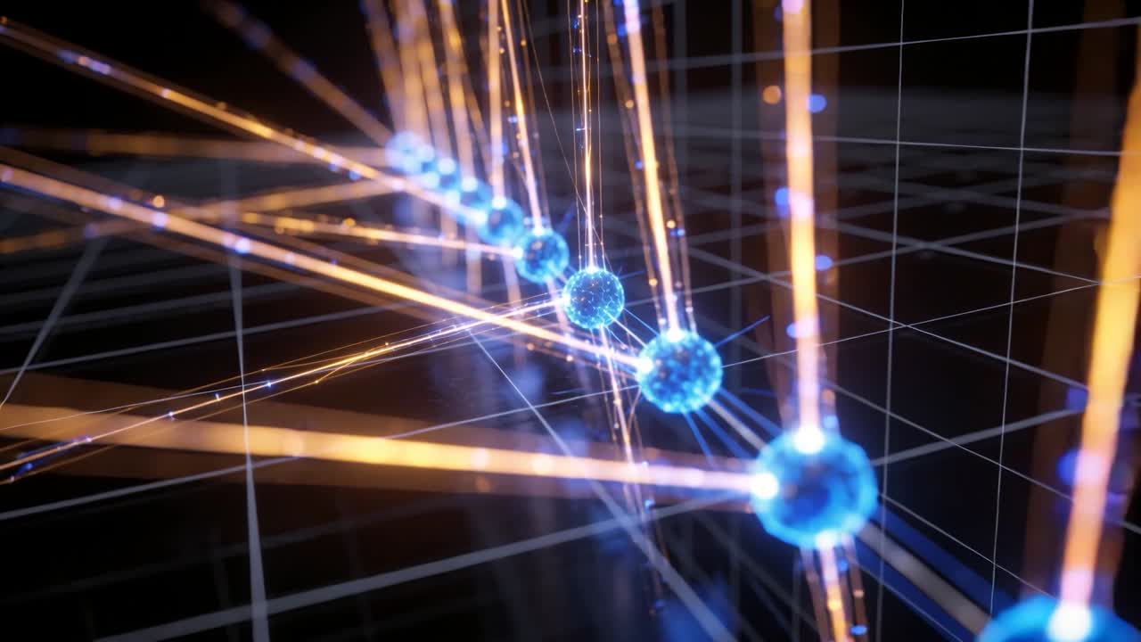 Playback starting, camera moving forward revealing blue spheres on grid with golden streaks