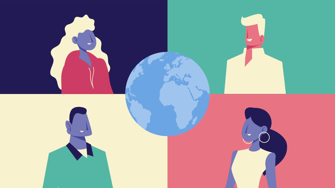 세계 행성 지구 애니메이션을 가진 사람들의 그룹