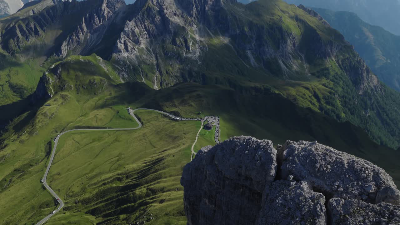 Fly Over Ra Gusela Rock Formation Towering On Passo Giau (Giau Pass) In The Dolomites Near Cortina d'Ampezzo, Italy. Aerial Drone Shot