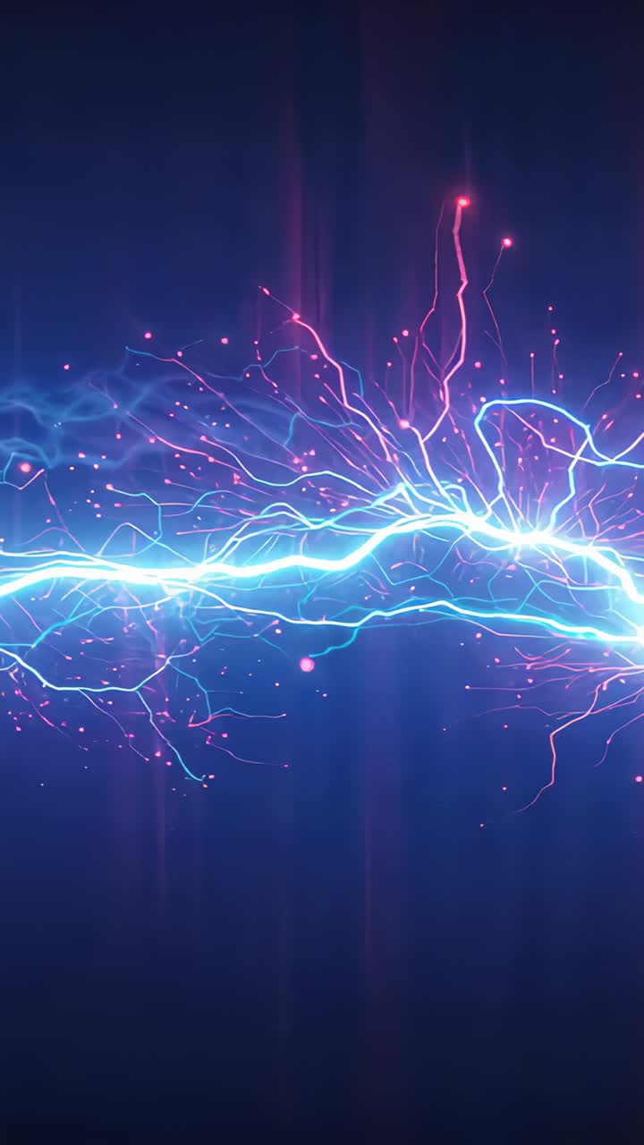 Vertical video: Frames causing central arc shifting on navy backdrop, sending neon tendrils, embers