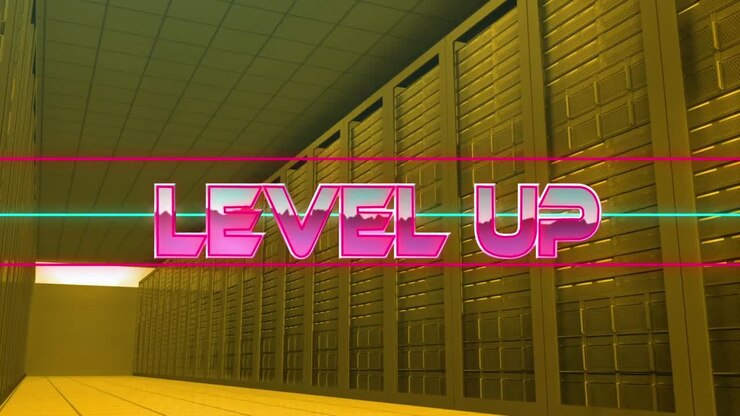 Animation of level up text in pink metallic letters over computer servers