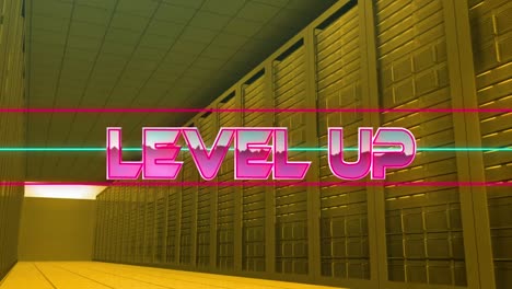 Animation-Von-Level-Up-Text-In-Rosa-Metallischen-Buchstaben-über-Computerservern