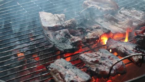 Rociar-Costillas-De-Cerdo-Con-Salsa-Barbacoa-Mientras-Se-Asa-En-Una-Barbacoa-De-Carbón