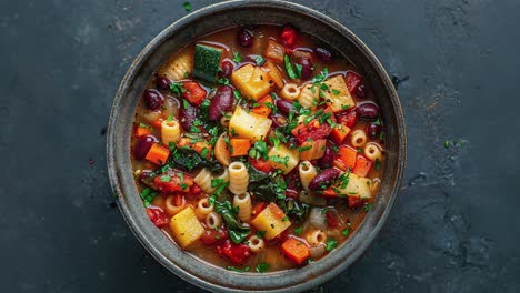 hearty vegetable minestrone soup in a rustic bowl