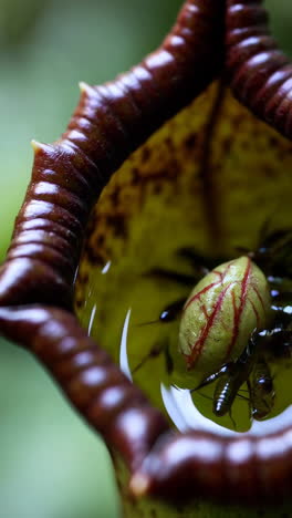 closeup of a pitcher plant with insects