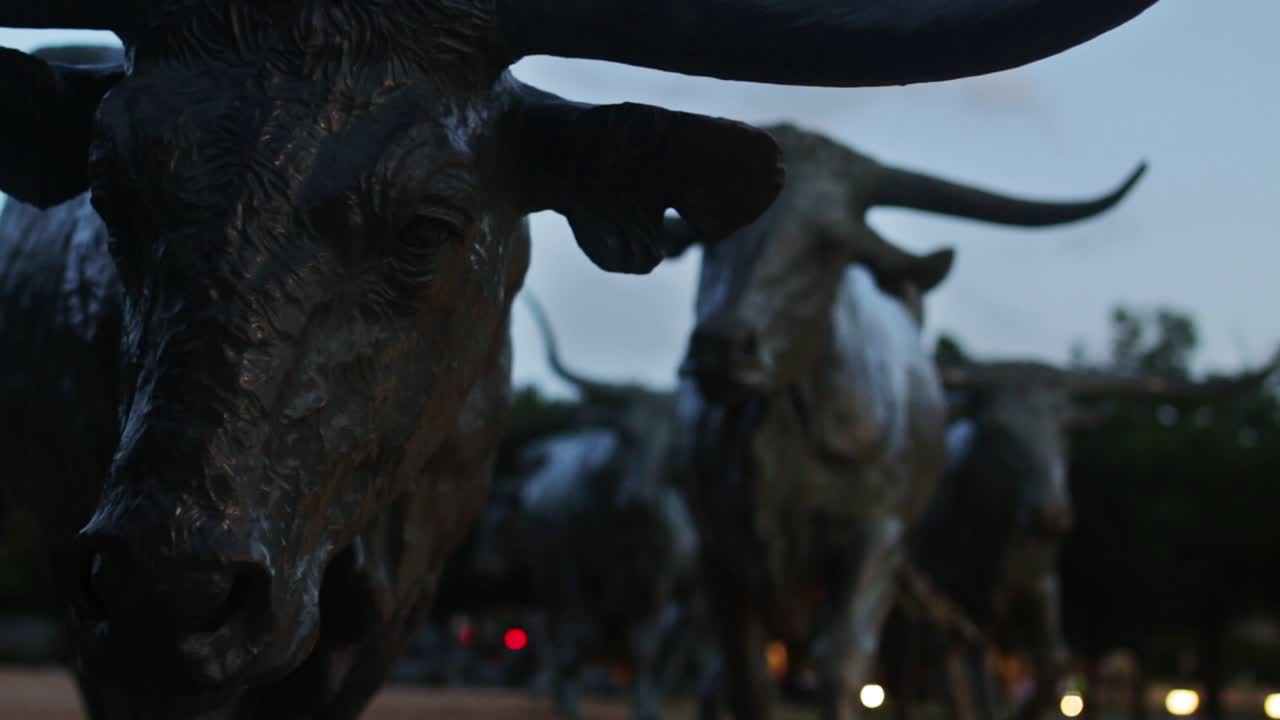 Close-up of longhorn statue at Pioneer Plaza in Dallas Texas