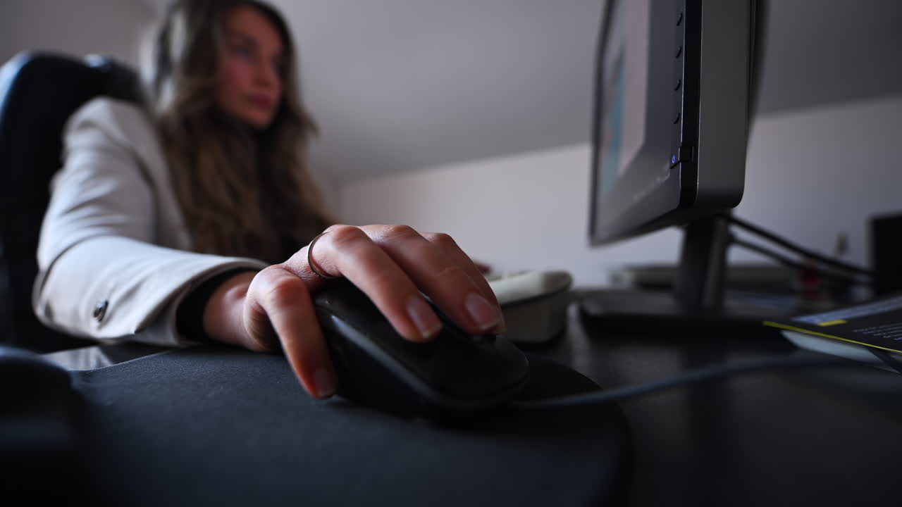 Woman working on computer at the office, close up of hand over mouse