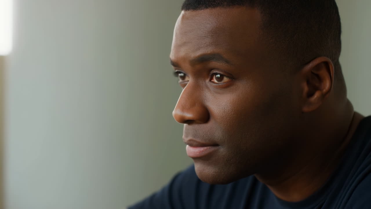 Close-up Profile of a Thoughtful Young Black Man