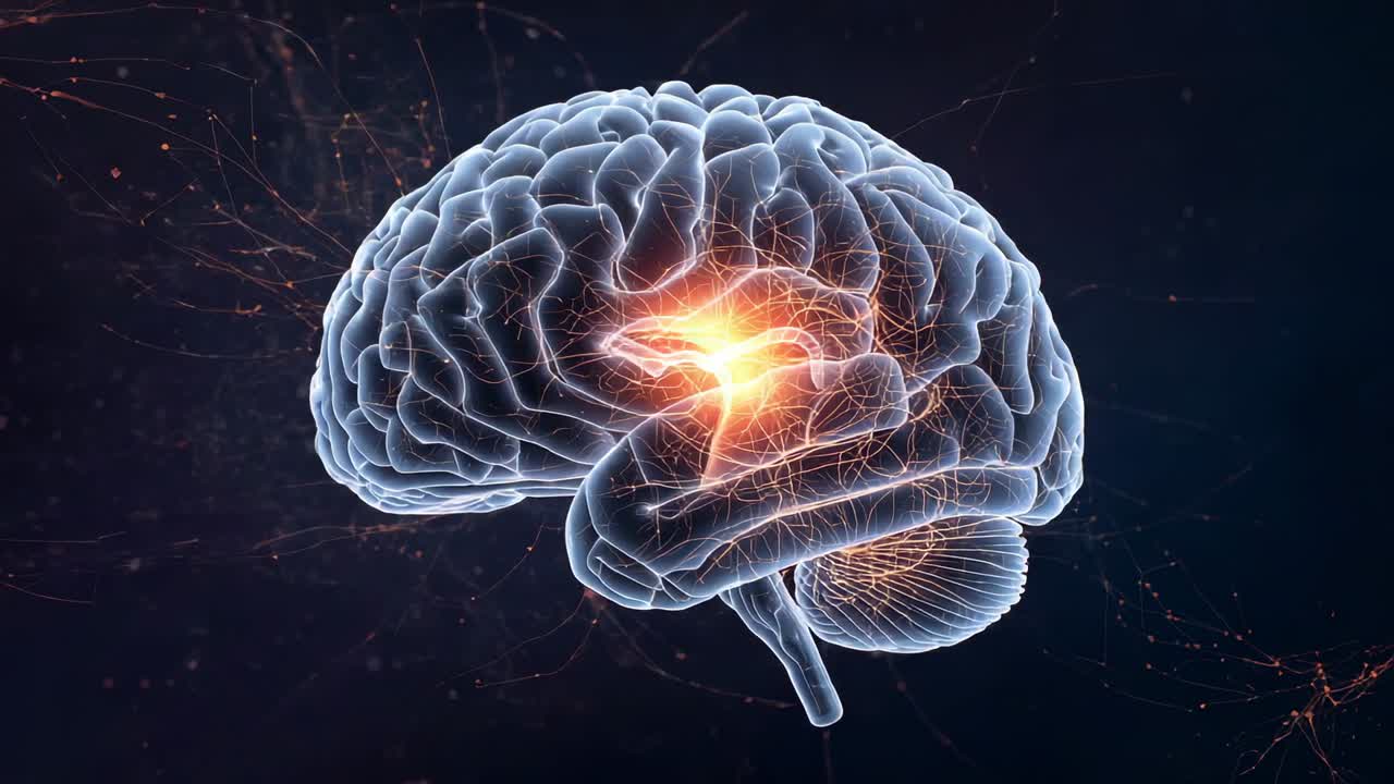 Animating 3D brain at start in lab, orange hub intensifying filaments pulsing signaling activation