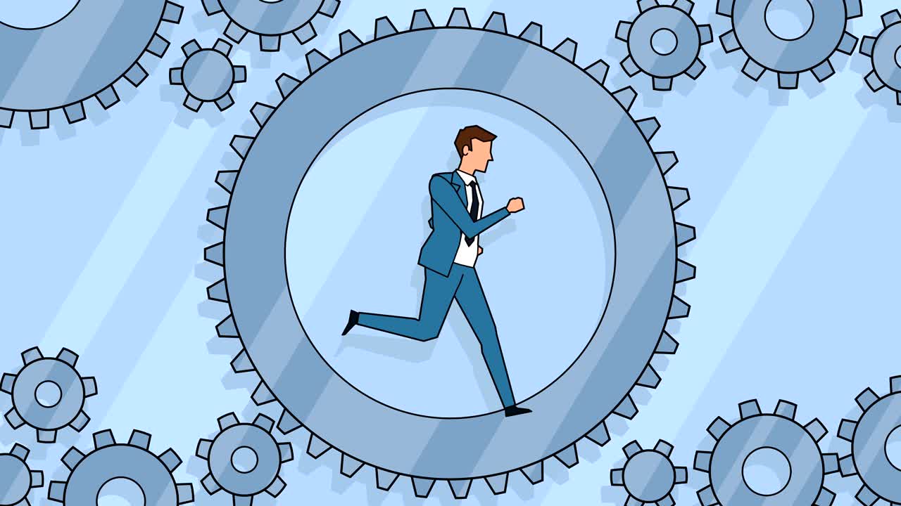 평평한 만화 사업가 캐릭터는 회전 기어 애니메이션에서 실행됩니다.