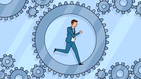 personaje de dibujos animados de hombre de negocios plano corriendo en engranajes giratorios animación