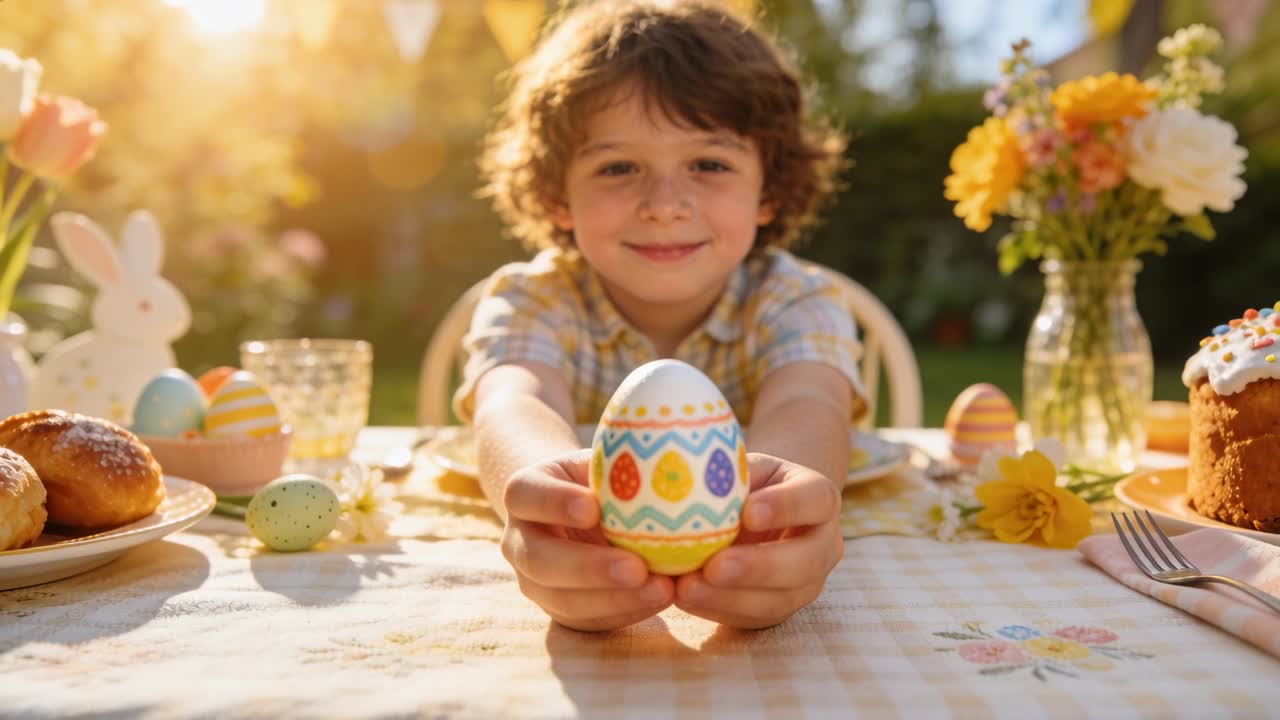 Opening frame showing child presenting decorated egg for Easter in garden, with pastries, flowers