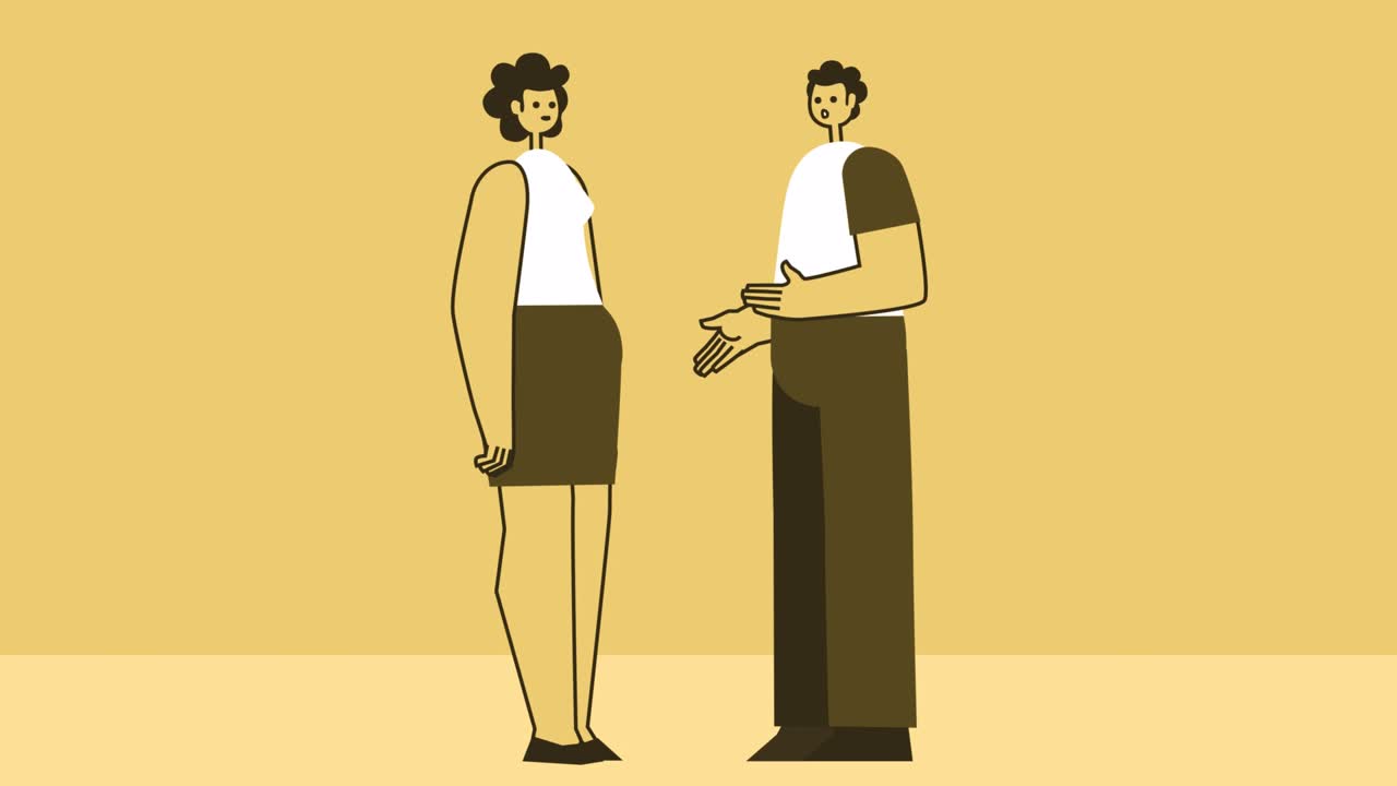 노란색 스타일의 남자와 여자 평평한 캐릭터가 말하고, 의사소통하고 협상합니다. 알파 채널과 함께 고립된 루프 애니메이션